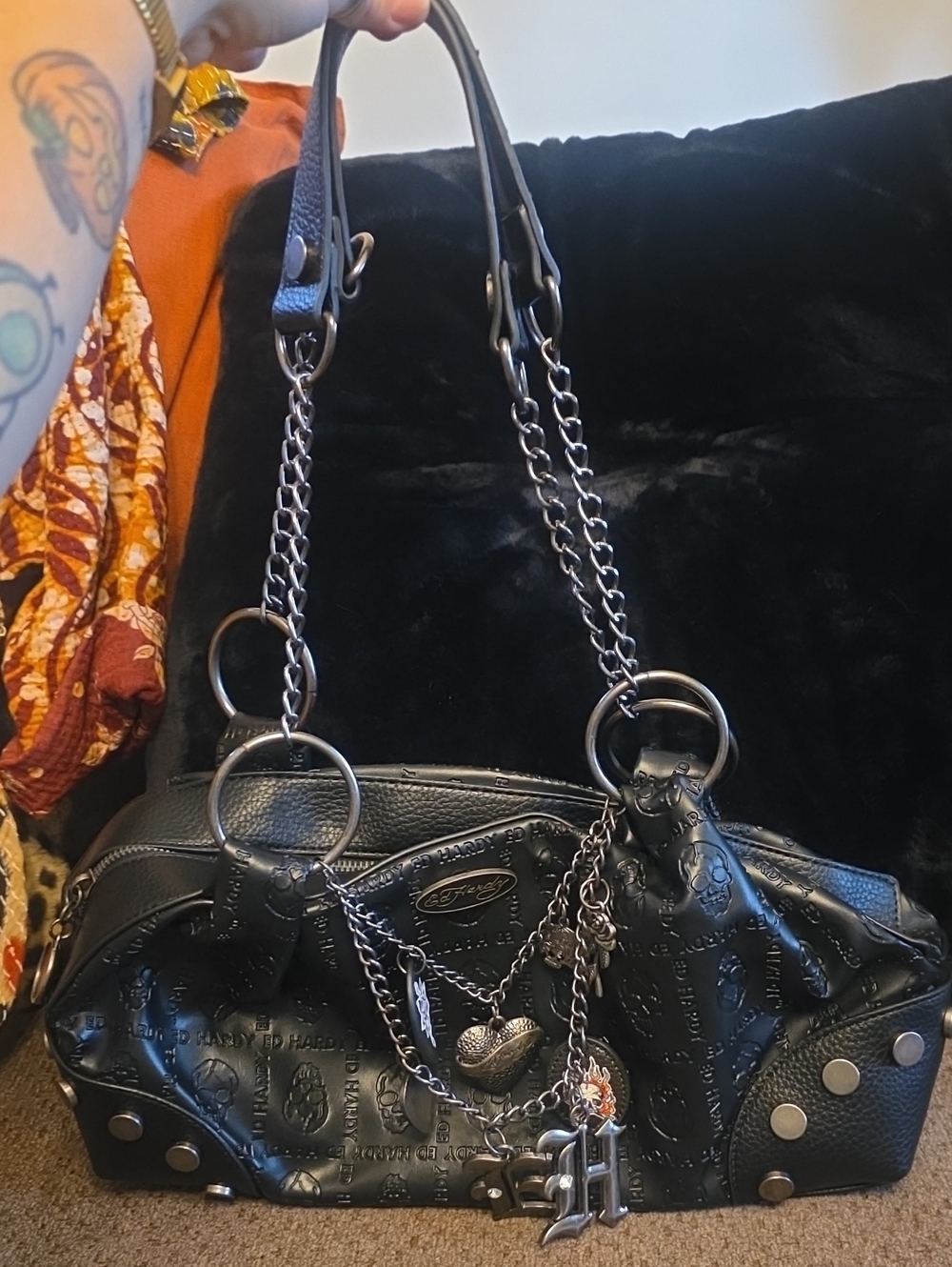 Ed Hardy Studded Satchel Shoulder Bag with Charm Accents